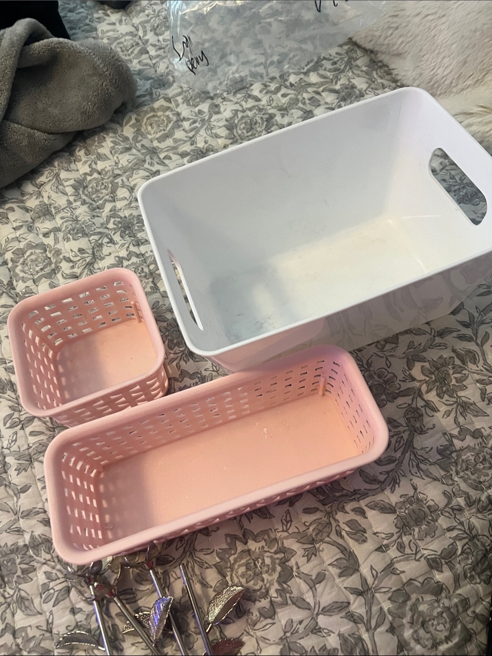 Pink and White Plastic Storage Bin Set - Small Home Organization Bins